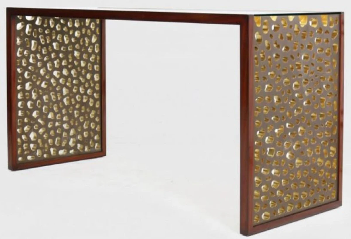 Casa Padrino escritorio de dise?o con tapa de vidrio marr¨®n / bronce / oro 140 x 55 x A. 77 cm - Mesa de Oficina - Mesa de Computadora - Muebles de Oficina de Lujo