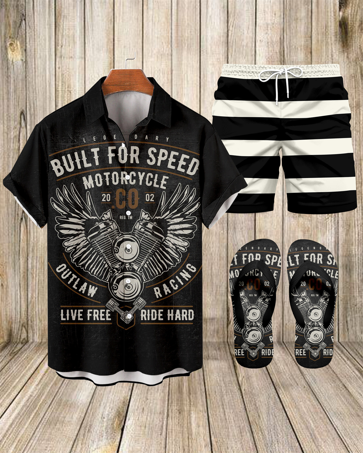 Suitmens Men's Modified Motorcycle Print Shirt Three-Piece Set 064