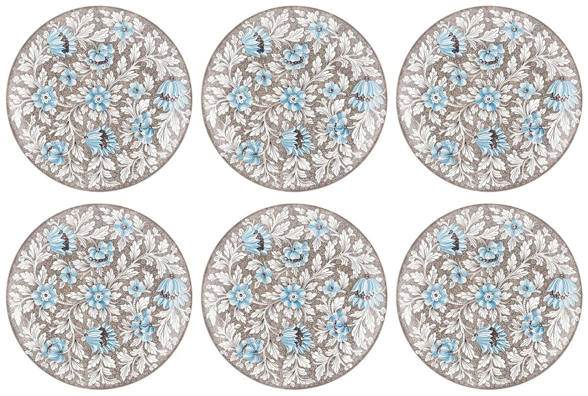 Casa Padrino conjunto de 6 platos de cer¨¢mica de lujo marr¨®n / multicolor ? 40 cm - Platos llanos hechos y pintados a mano con dise?o floral - Accesorios hoteles y restaurantes - Hecho en Italia