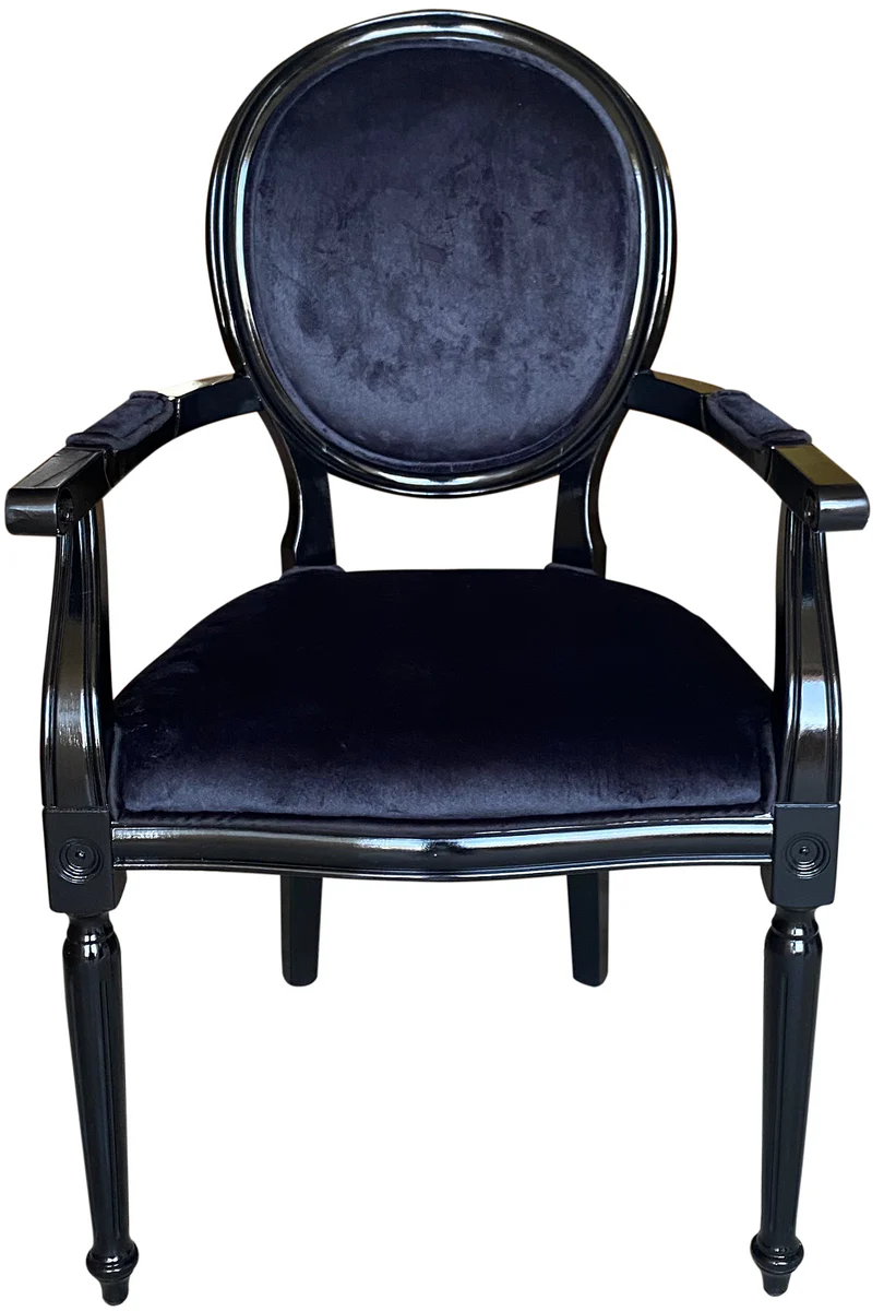 Casa Padrino silla de comedor barroco de lujo negro / negro - Silla hecha a mano de estilo antiguo con reposabrazos y fina tela de terciopelo - Muebles de comedor de estilo barroco