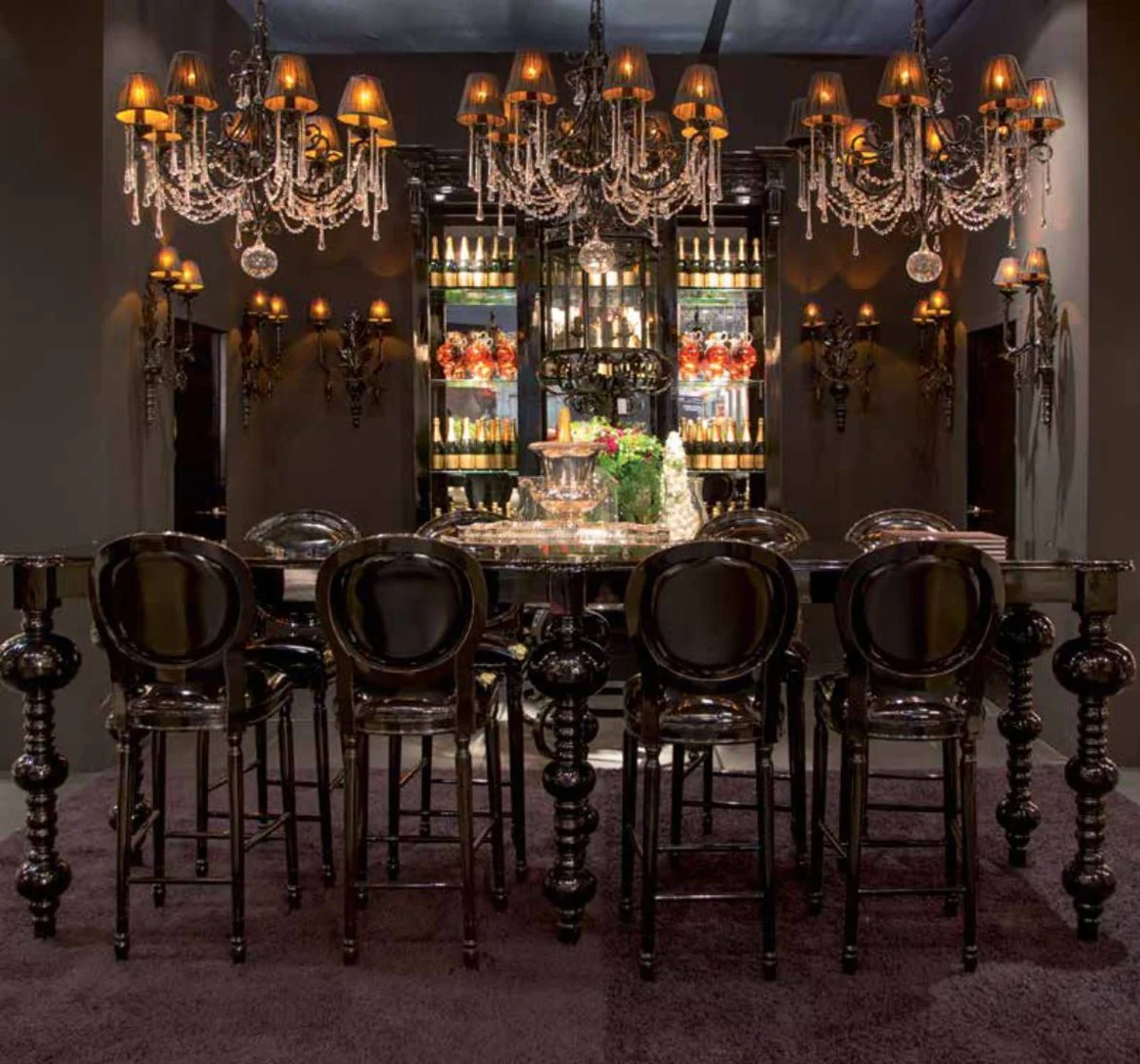 Casa Padrino mesa de bar barroco de lujo negro 400 x 80 x A. 109 cm - Mesa de madera maciza hecha a mano - Muebles de bar barrocos nobles - Muebles de hotel - Calidad de Lujo