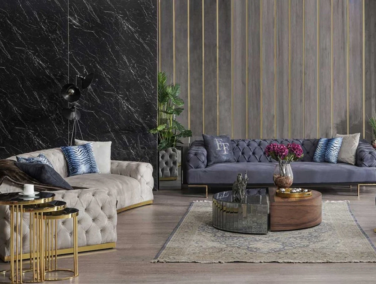 Casa Padrino sof¨¢ Chesterfield de lujo gris / oro 380 x 100 x A. 72 cm - Sof¨¢ de sal¨®n curvo - Muebles de sal¨®n - Muebles Chesterfield - Muebles de lujo - Interior de sal¨®n