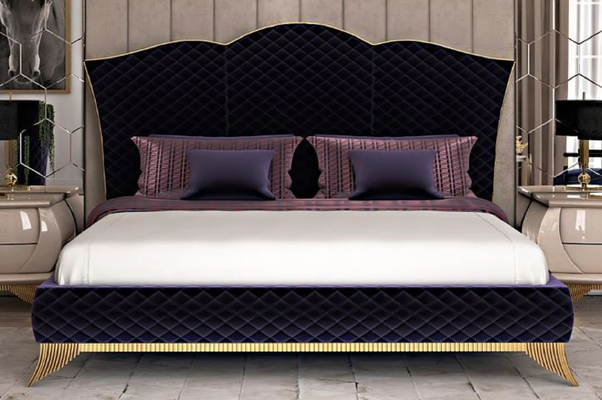Casa Padrino cama doble Art Deco de lujo púrpura / oro - Cama noble de madera maciza con cabecera - Muebles de Dormitorio y Hotel Art Deco - Colección de Lujo
