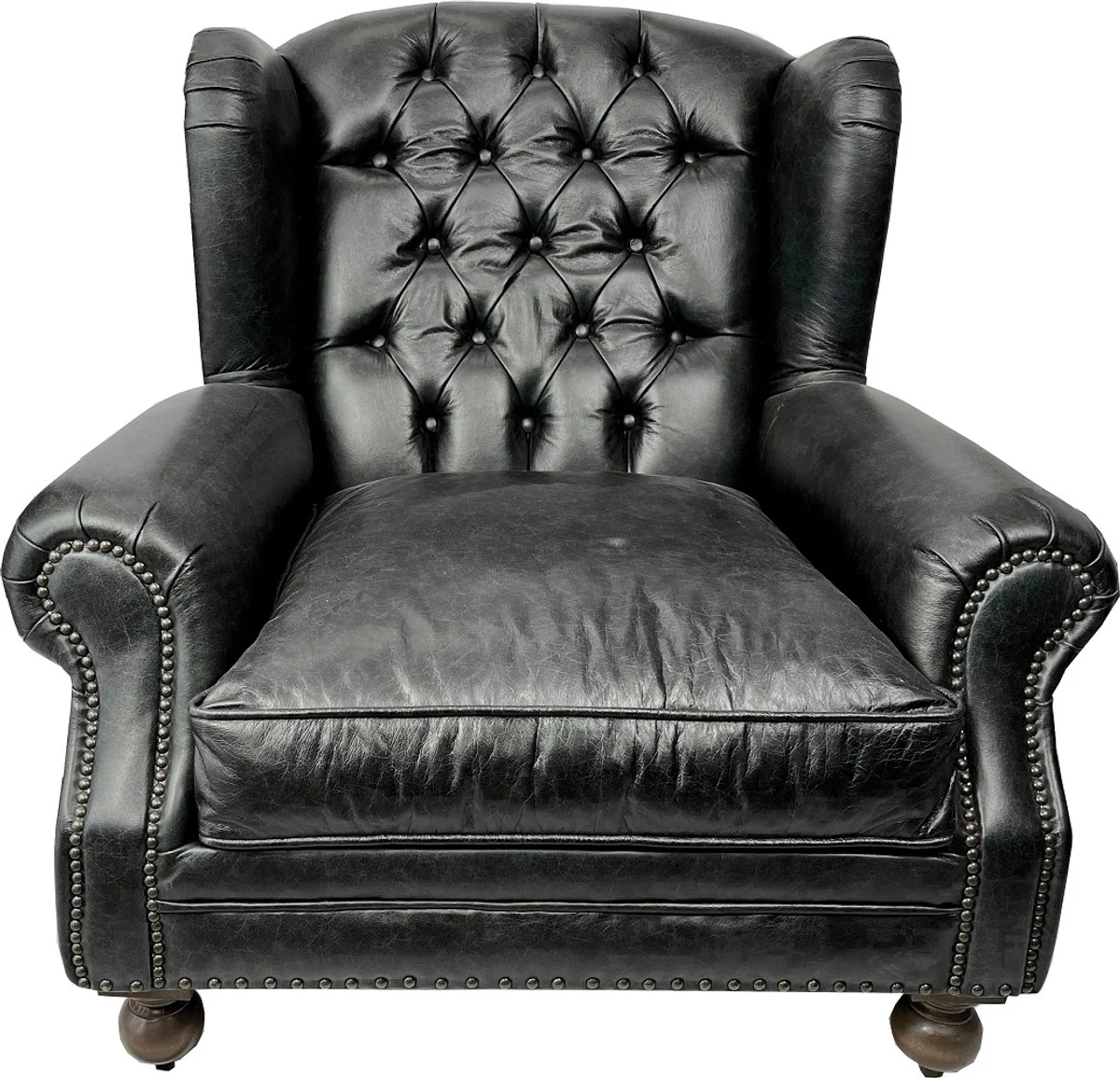Casa Padrino sill¨®n orejero Chesterfield de lujo en cuero negro vintage / marr¨®n oscuro - Sill¨®n Chesterfield en cuero genuino - Muebles de sal¨®n - Muebles Chesterfield - Muebles de lujo