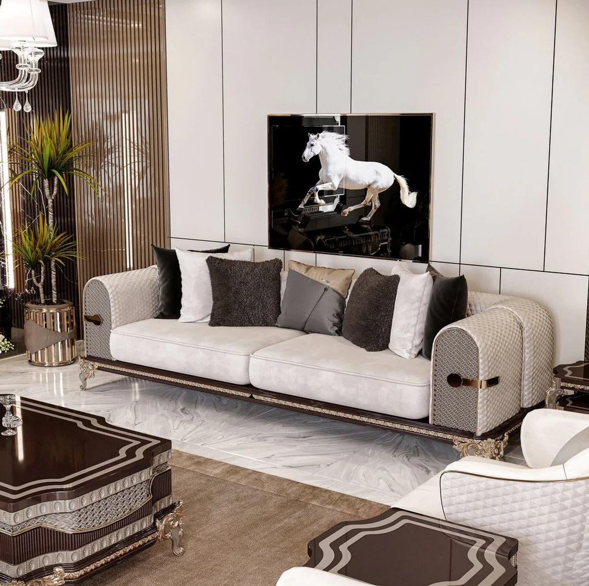 Casa Padrino sof¨¢ barroco de lujo crema / gris / marr¨®n oscuro / oro