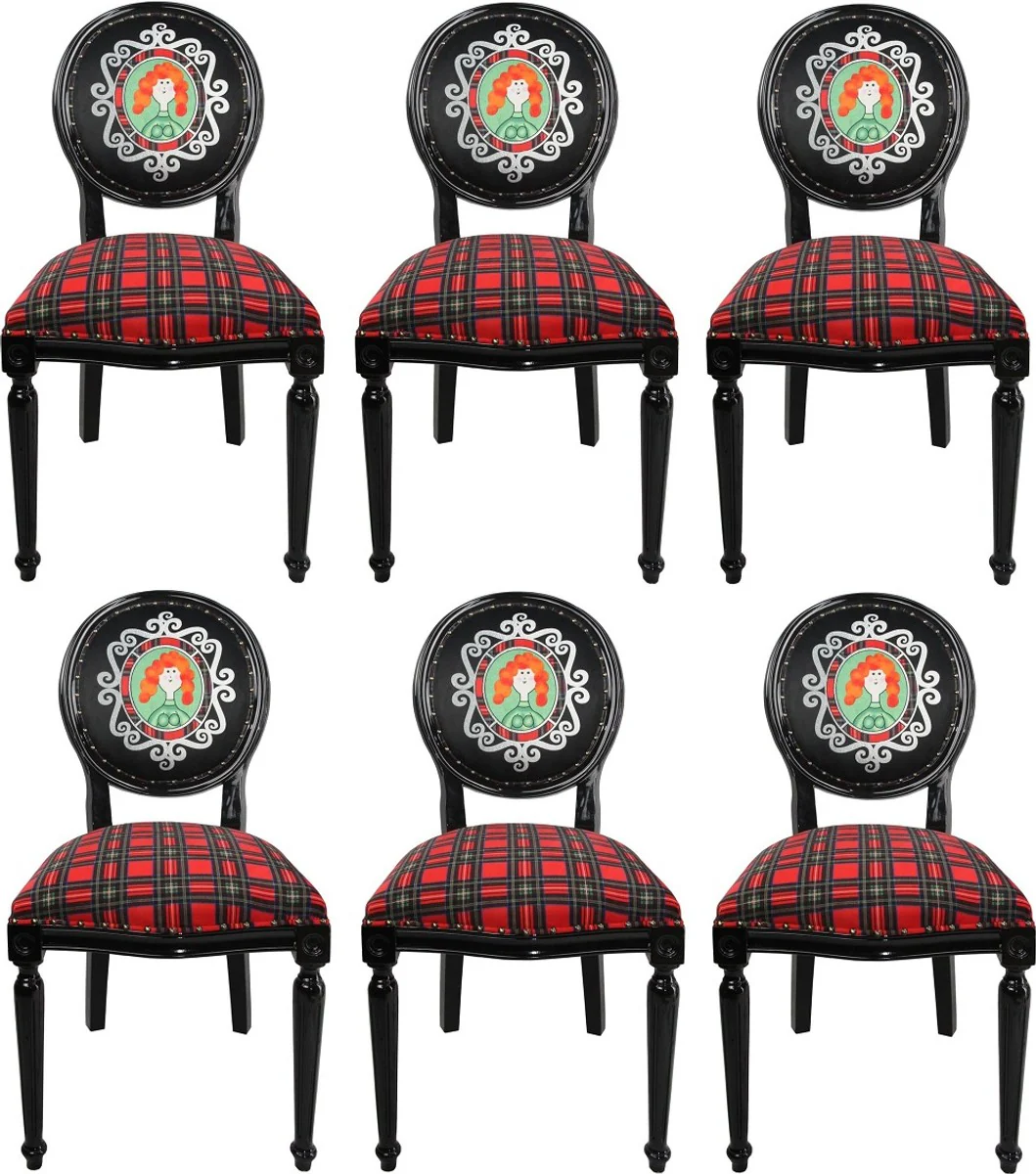Casa Padrino Conjunto de Sillas de Comedor Barroco de Lujo Escocia Mujer Multicolor / Negro 48 x 50 x H. 98 cm - 6 Sillas de Comedor Hechas a Mano con Diamantes de Imitaci¨®n - Muebles de Comedor Barrocos
