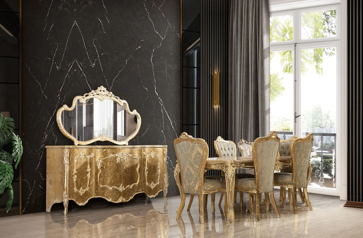 Casa Padrino conjunto de comedor barroco de lujo verde / oro antiguo - 1 Mesa de Comedor Barroco y 6 Sillas de Comedor Barrocos - Muebles de comedor de lujo estilo barroco