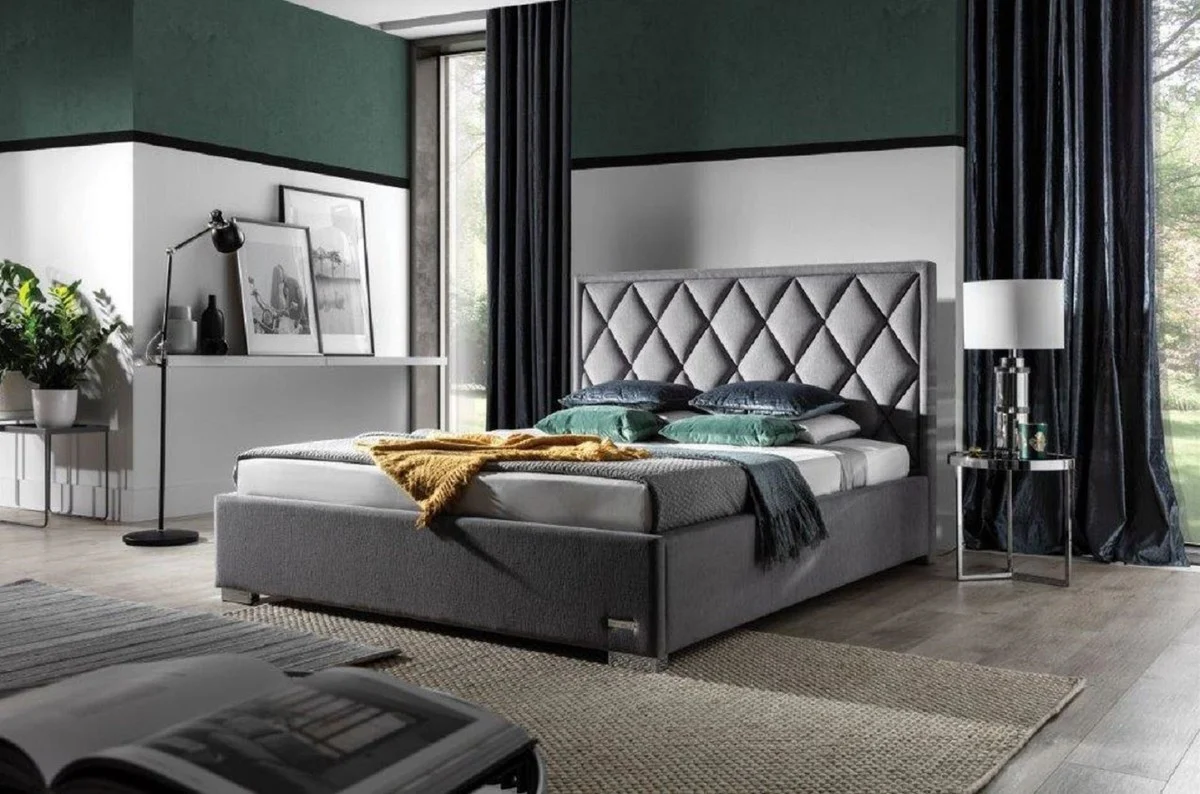 Casa Padrino Cama Matrimonial de Lujo Gris / Plata - Varios Tamaños - Cama Moderna de Madera Maciza con Cabecero - Muebles Dormitorio - Colección de Lujo