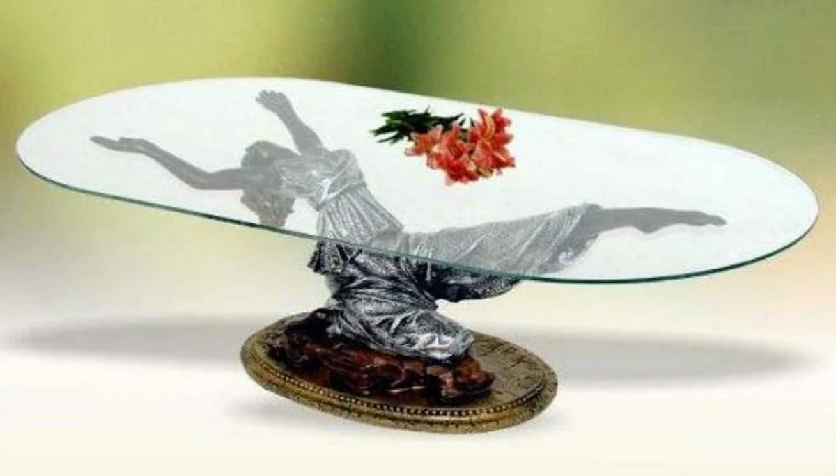 Casa Padrino mesa de centro Art Nouveau mujer plata / marr¨®n / oro antiguo A. 45 cm - Elegante mesa de sal¨®n con tapa de vidrio ovalada - Muebles Barrocos y Art Nouveau