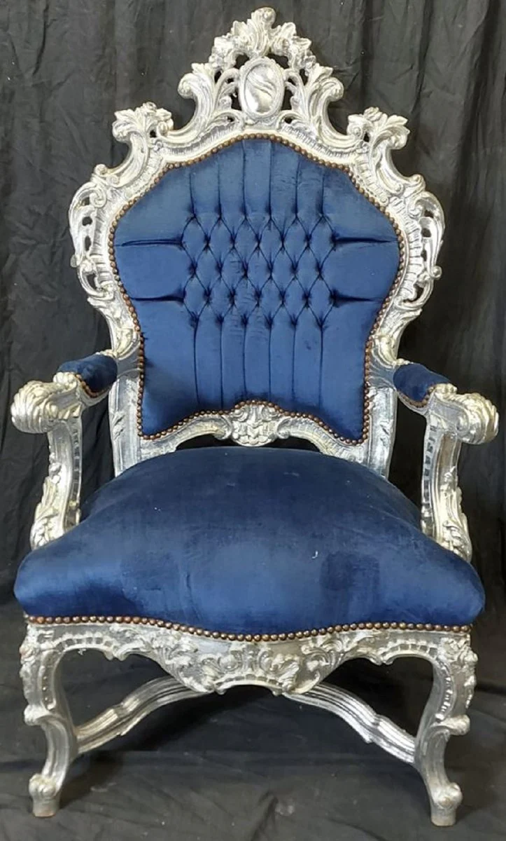 Casa Padrino sillón de trono barroco azul / plata - Sillón de madera maciza hecho a mano en estilo barroco - Sillón de estilo antiguo - Muebles estilo antiguo - Muebles barrocos