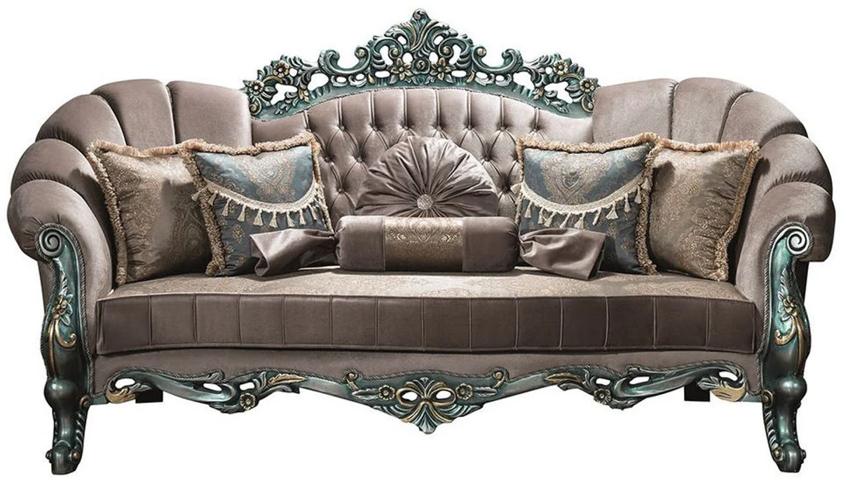 Casa Padrino sof¨¢ de terciopelo barroco de lujo gris / verde / oro 225 x 95 x A. 115 cm - Sof¨¢ de sal¨®n adornado con pedrer¨ªa y almohadas decorativas