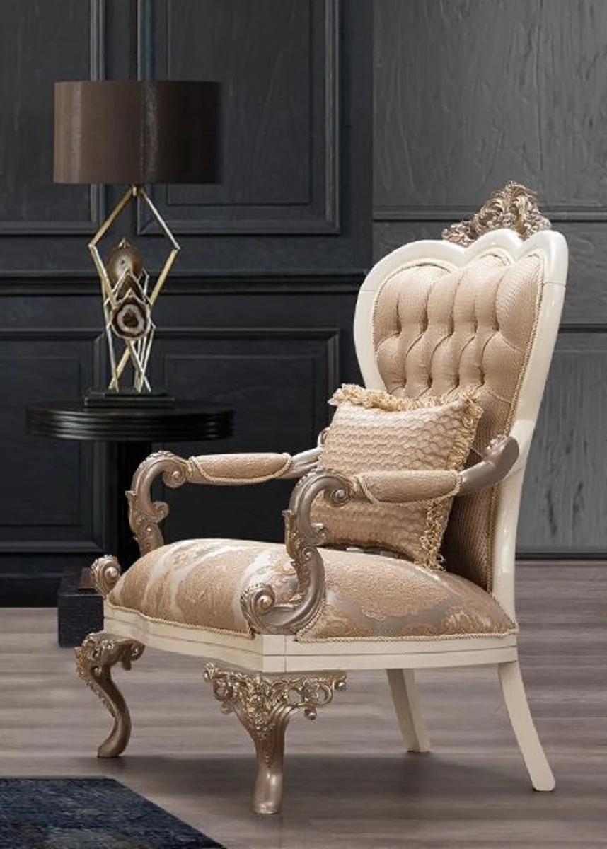 Casa Padrino conjunto de sala de estar barroco de lujo marr¨®n / blanco / oro - 2 Sof¨¢s y 2 Sillones y 1 Mesa de Centro - Muebles de Sal¨®n Barrocos Adornados