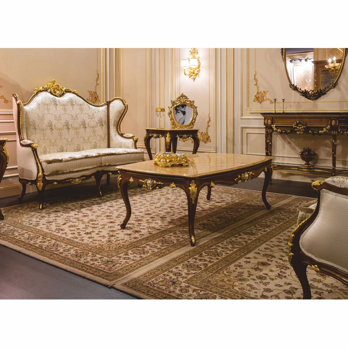 Casa Padrino Mesa de Centro Barroco de Lujo Beige / Marr¨®n Oscuro / Oro 146 cm - Hecha en Italia