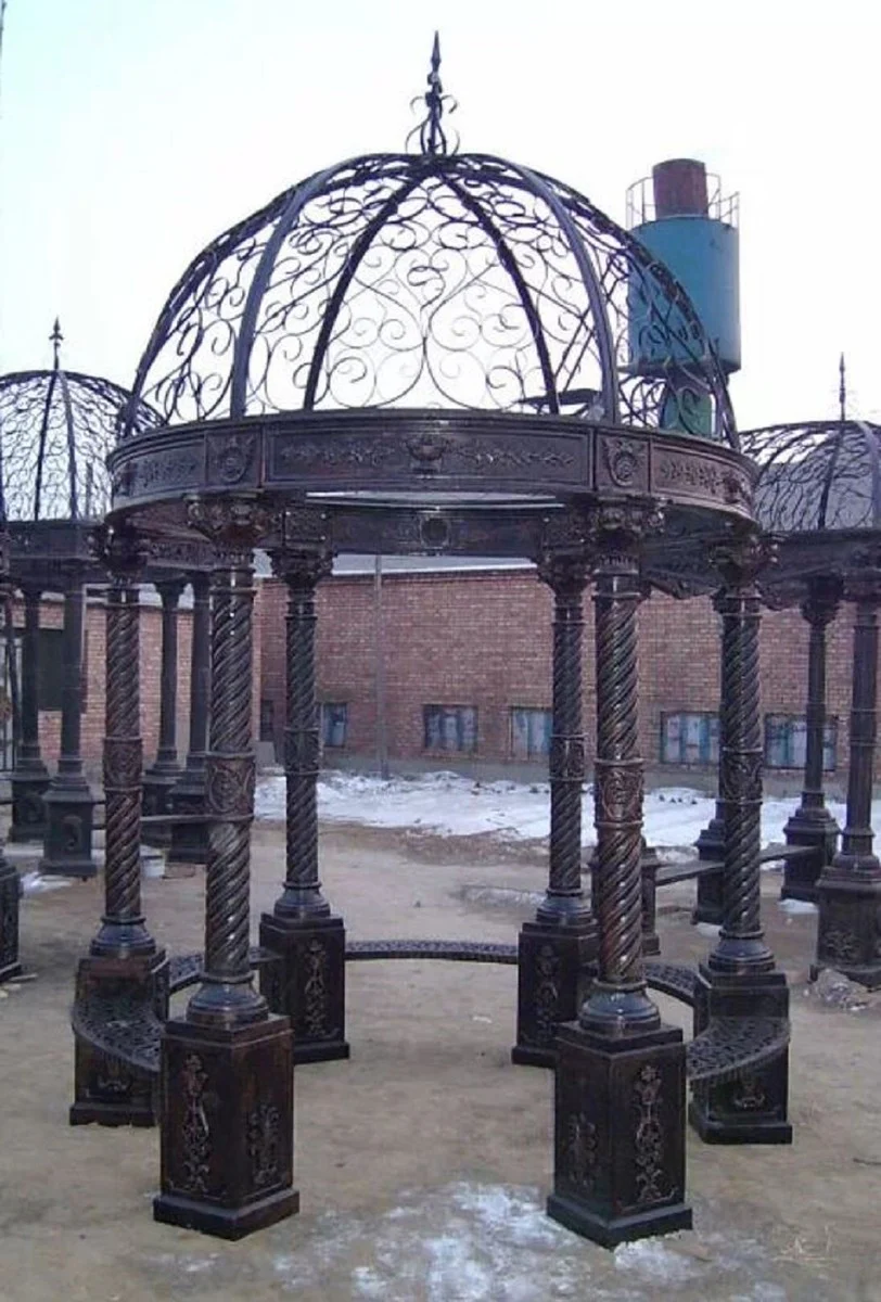 Casa Padrino pabellón de jardín barroco de lujo marrón Ø 240 x A. 420 cm - Pabellón de hierro fundido con bancos integrados - Magnífica decoración de jardín en estilo barroco