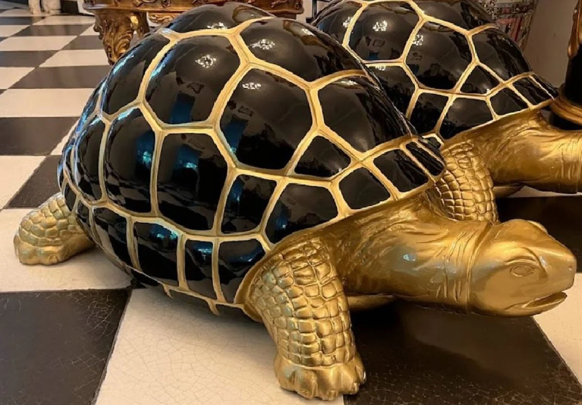 Casa Padrino figura decorativa XXL de lujo tortuga oro / negro 110 x 48 x A. 45 cm - Escultura decorativa XXL resistente a la intemperie - Decoraci¨®n de sal¨®n - Decoraci¨®n de jard¨ªn