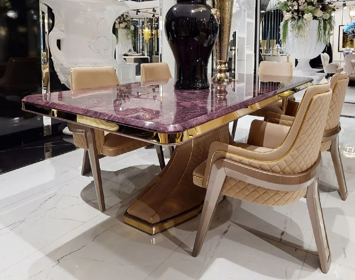 Casa Padrino mesa de comedor Art Deco de lujo p¨²rpura / beige / oro - Mesa de cocina de madera maciza hecha a mano con tablero de aspecto m¨¢rmol - Muebles de Comedor Art Deco