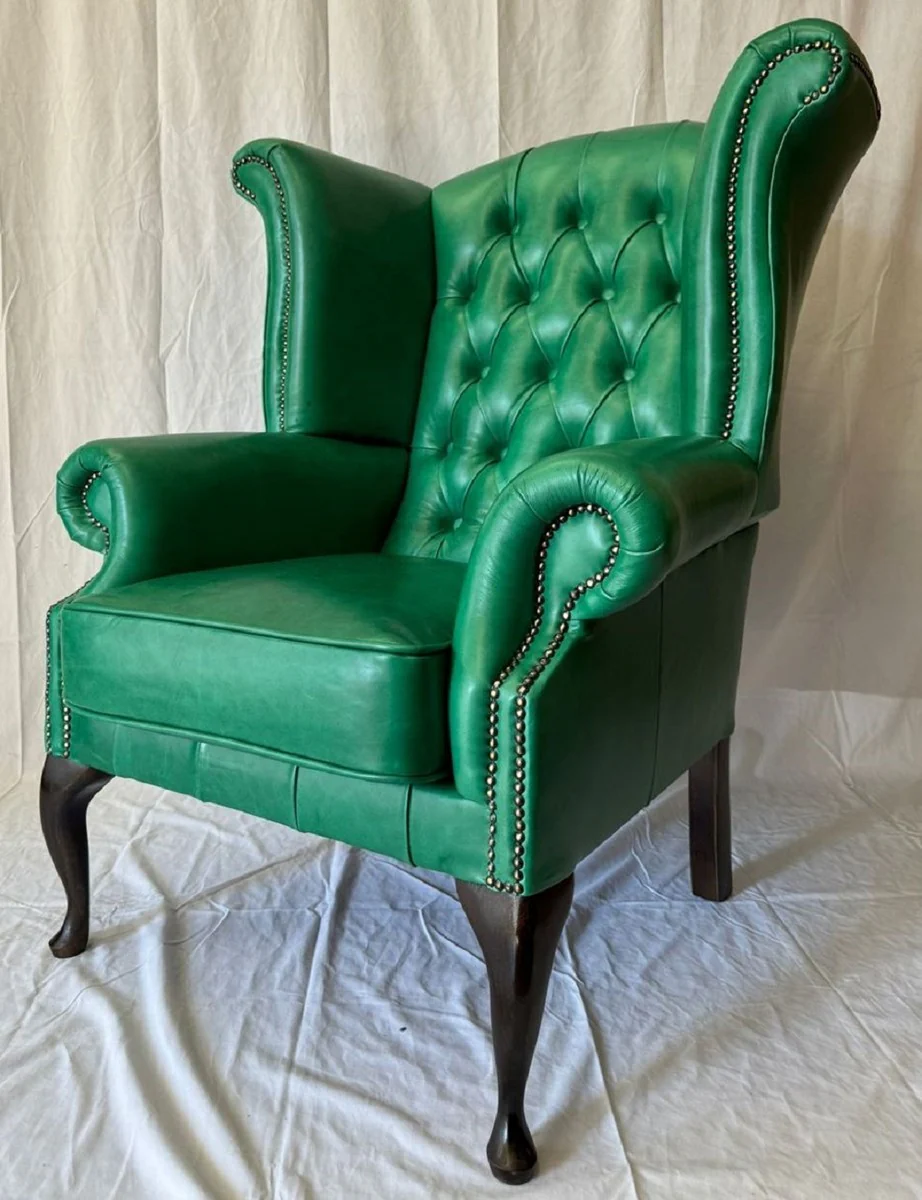 Casa Padrino sill¨®n orejero Chesterfield de cuero genuino de lujo verde / marr¨®n oscuro A. 110 cm