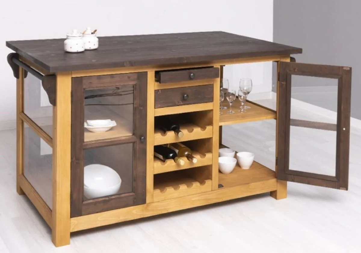 Casa Padrino isla de cocina de estilo campestre marr¨®n / natural 150 x 90 x A. 90 cm - Gabinete de cocina de madera maciza - Mueble de comedor de madera maciza estilo campestre