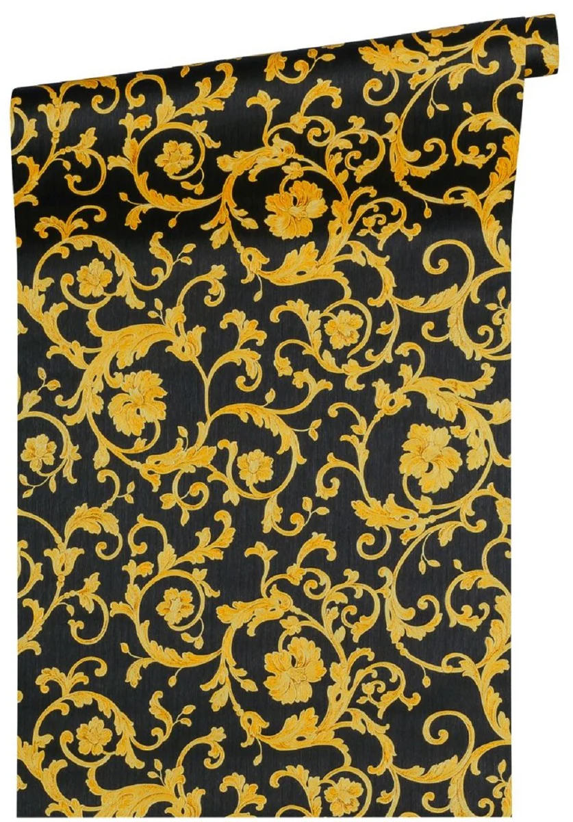 Versace papel pintado barroco no tejido Butterfly Barocco 343252 negro / amarillo / oro - Papel Pintado de Diseño - Calidad de Lujo