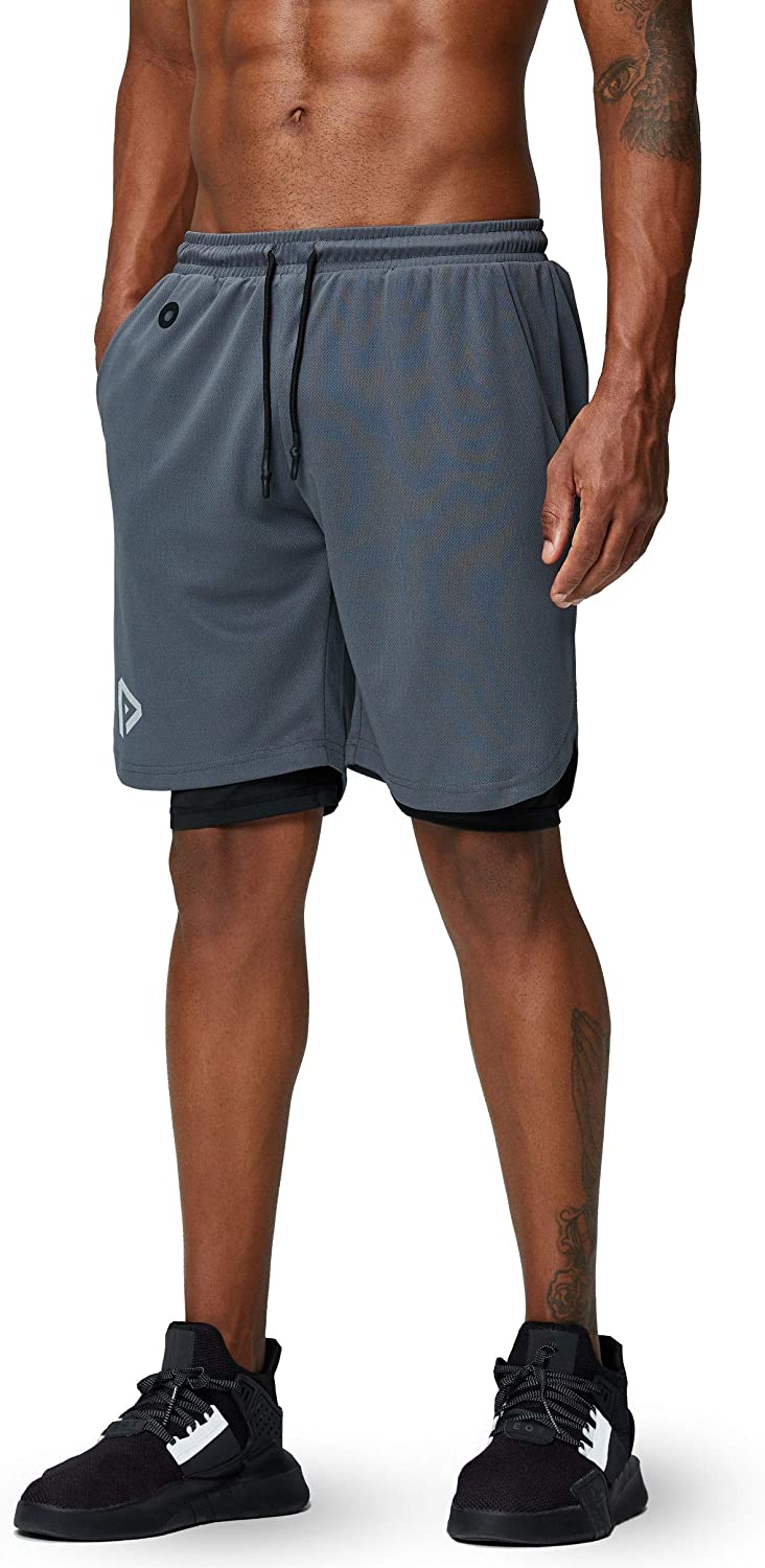 Men's 2 in 1 Running Shorts Gym Workout Quick Dry Mens Shorts with Phone Pocket