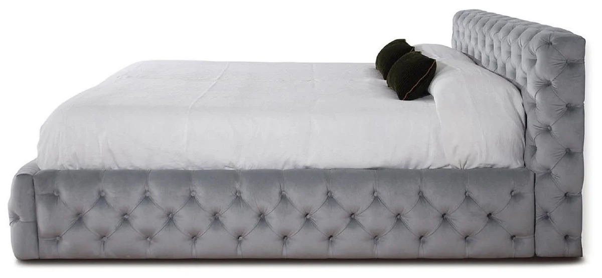 Casa Padrino cama doble Chesterfield de lujo gris 212 x 236 x A. 98 cm - Cama de madera maciza con cabecero - Muebles de dormitorio - Muebles de lujo - Muebles Chesterfield