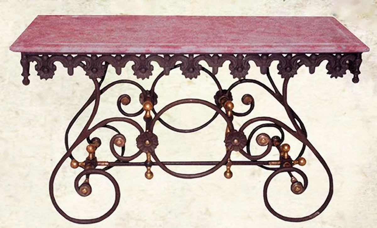 Casa Padrino mesa nostálgica de jardín de hierro forjado con tapa de mármol blanco - 135 cm x 55 cm x H70 cm - muebles de jardín de lujo