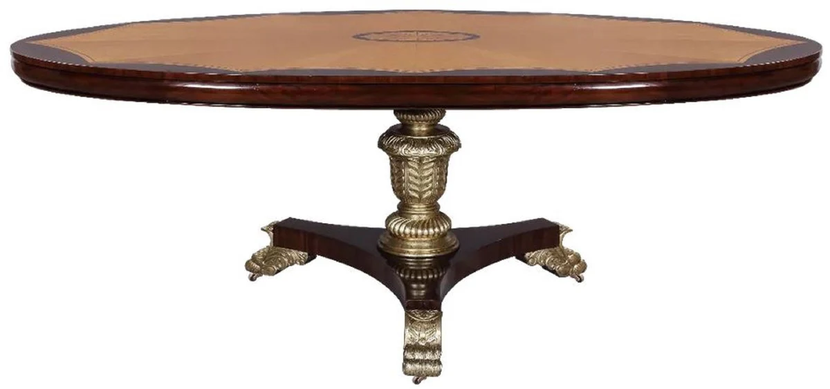 Casa Padrino mesa de comedor barroco de lujo marr¨®n oscuro / natural / plata - Mesa de cocina ovalada de madera maciza de estilo barroco - Muebles de comedor de lujo en estilo barroco