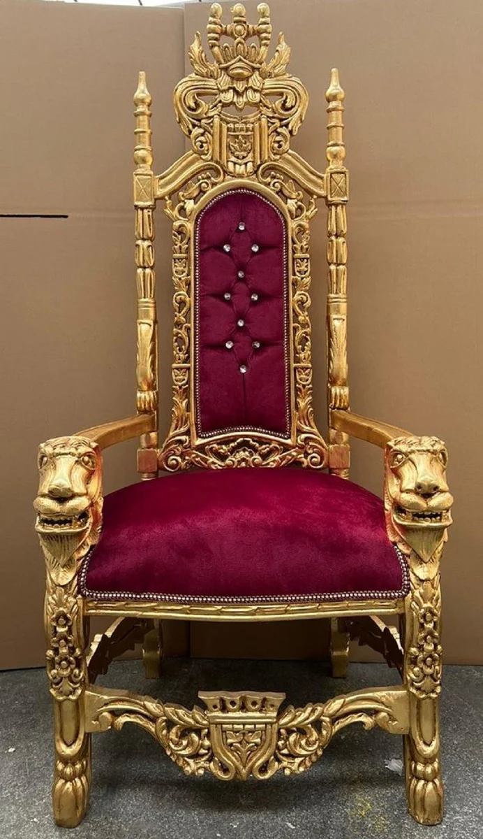 Casa Padrino sill¨®n de trono barroco rojo burdeos / oro - Sill¨®n real barroco con pedrer¨ªa y tela de terciopelo fino - Sill¨®n de boda barroco - Sill¨®n gigante barroco - Muebles barrocos