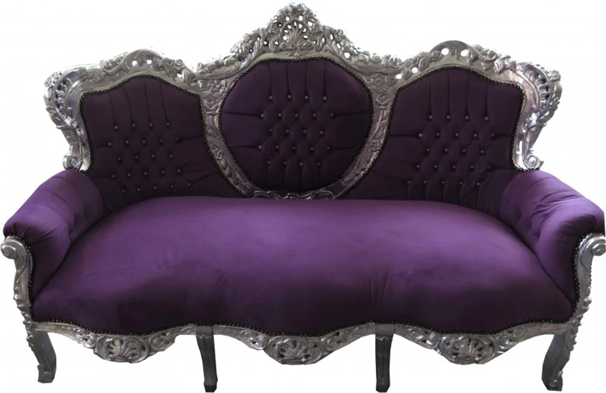 Casa Padrino Baroque 3p Sofa King Purple / Silver With Bling Bling rhinestones - Living Room Couch Furniture Lounge