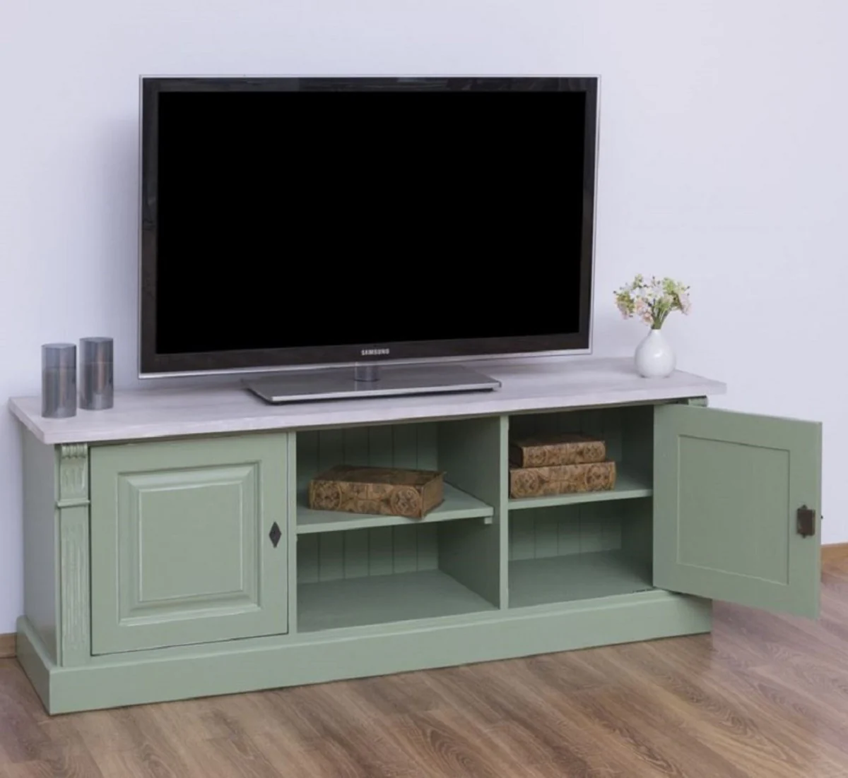 Casa Padrino armario de TV de estilo campestre verde / gris 160 x 46 x A. 60 cm - Aparador de madera maciza - Muebles de salón de estilo campestre