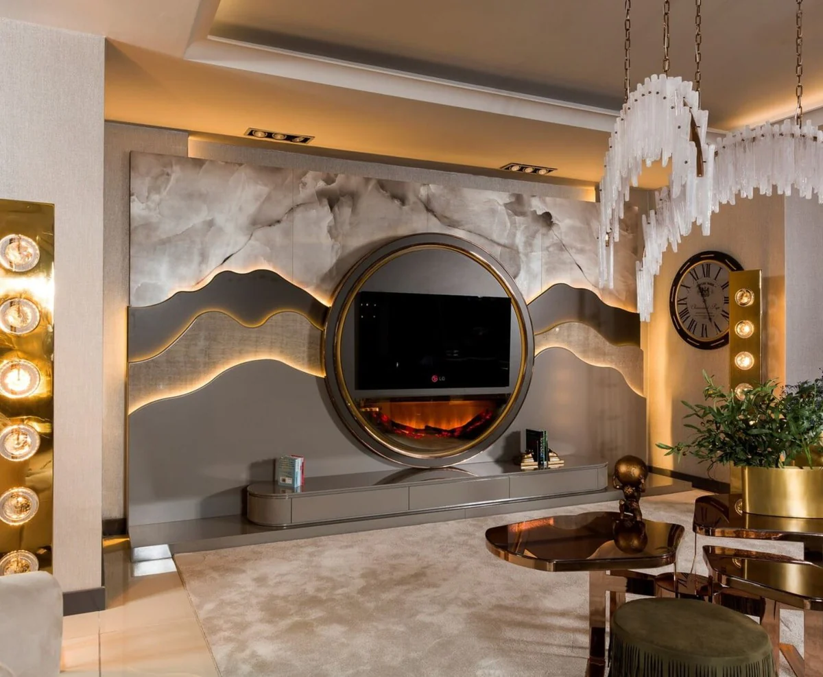 Casa Padrino conjunto de armario de TV de lujo gris / oro - Aparador de sal¨®n con chimenea LED - Muebles de sal¨®n - Muebles de hotel - Muebles de lujo