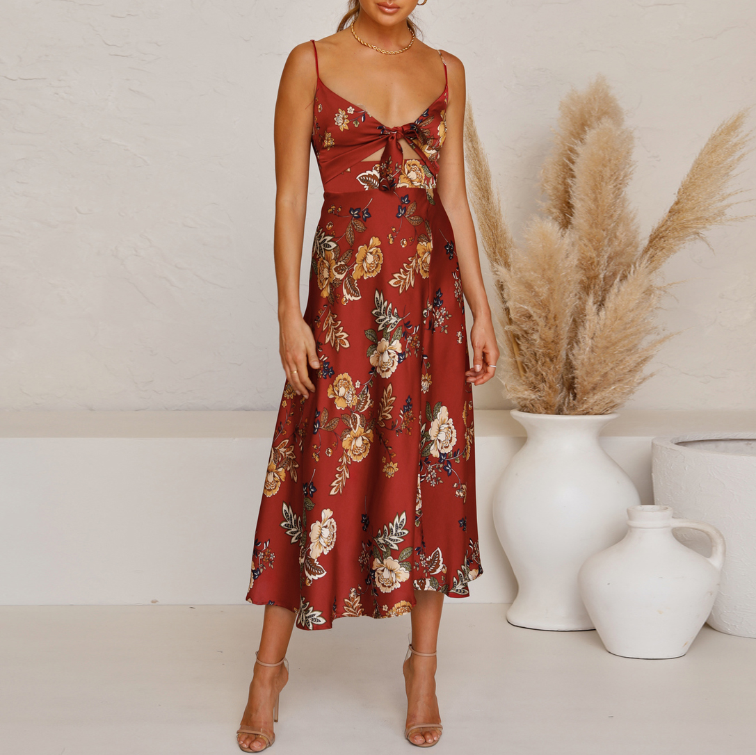 Fashion Temperament Printed Knotted Sling Dress