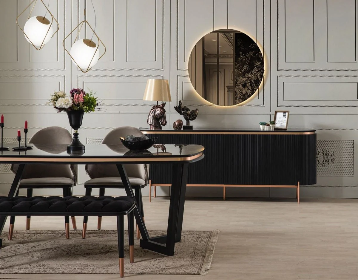 Casa Padrino conjunto de comedor de lujo gris / negro / cobre - 1 Mesa de Comedor y 4 Sillas de Comedor y 1 Banco - Muebles de Comedor de Lujo