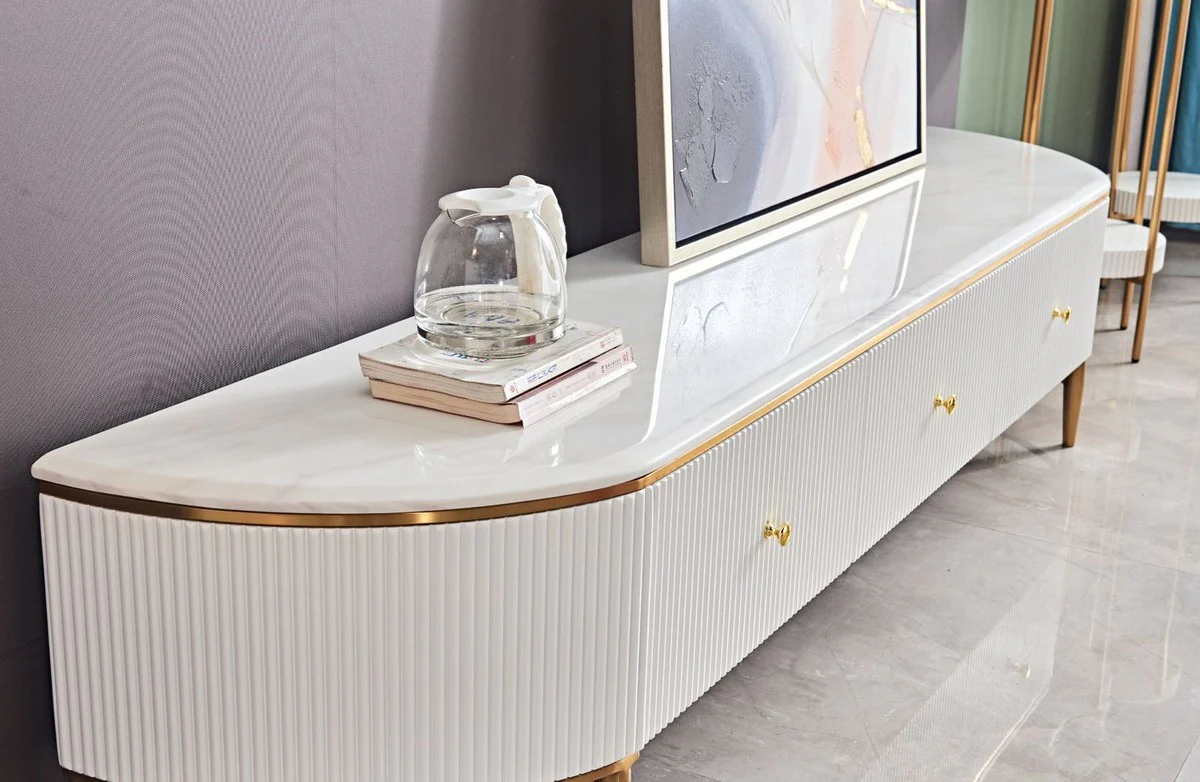 Casa Padrino armario de TV de lujo blanco / lat¨®n / oro 200 x 40 x H. 42 cm - Aparador de sal¨®n moderno con 3 cajones - Mueble TV de sal¨®n moderno