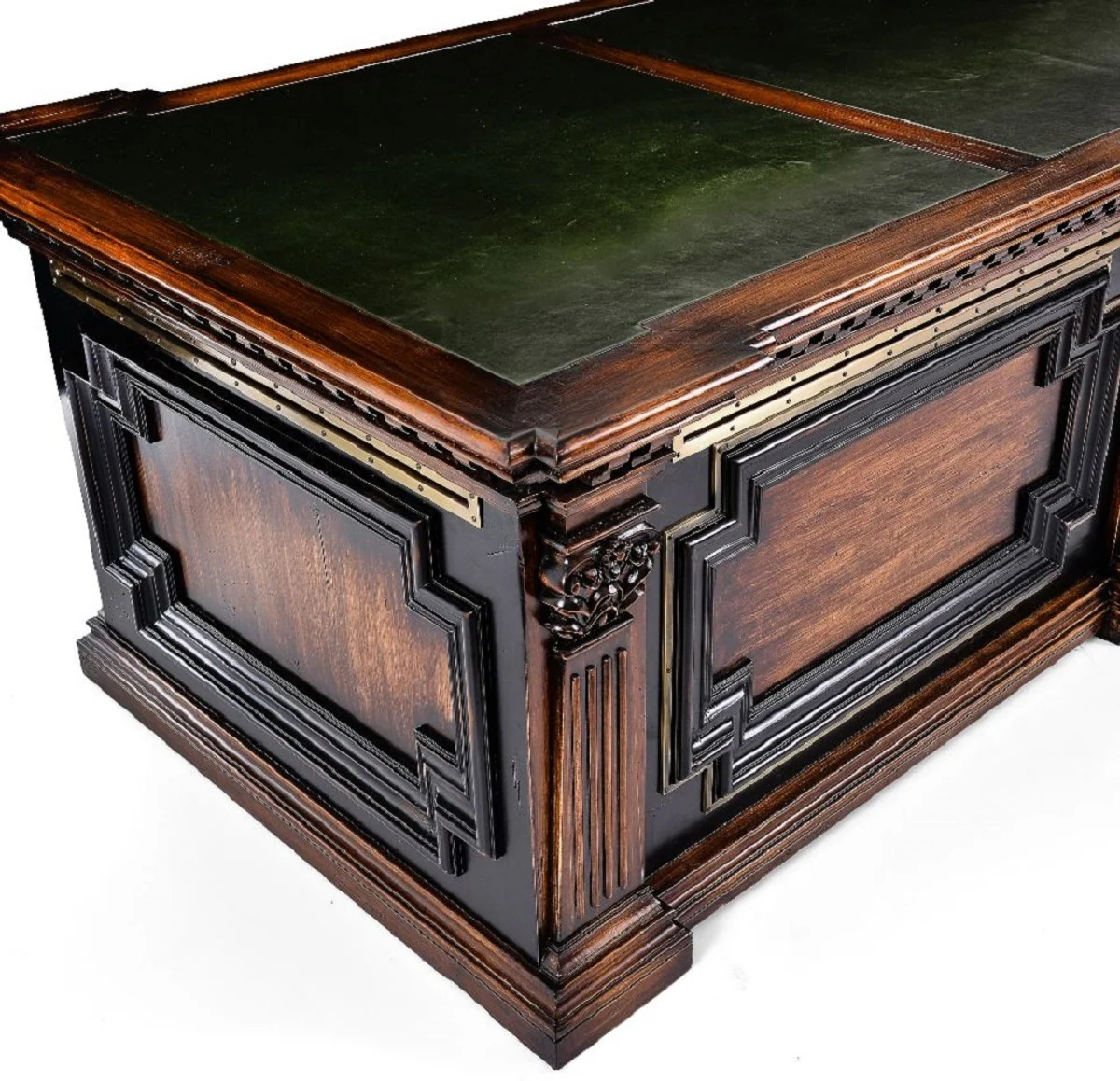 Casa Padrino escritorio de estilo campestre de lujo marrón / negro / verde 243,5 x 99 x A. 79 cm - Mesa de oficina de madera maciza - Muebles oficina estilo campestre - Muebles de oficina de lujo