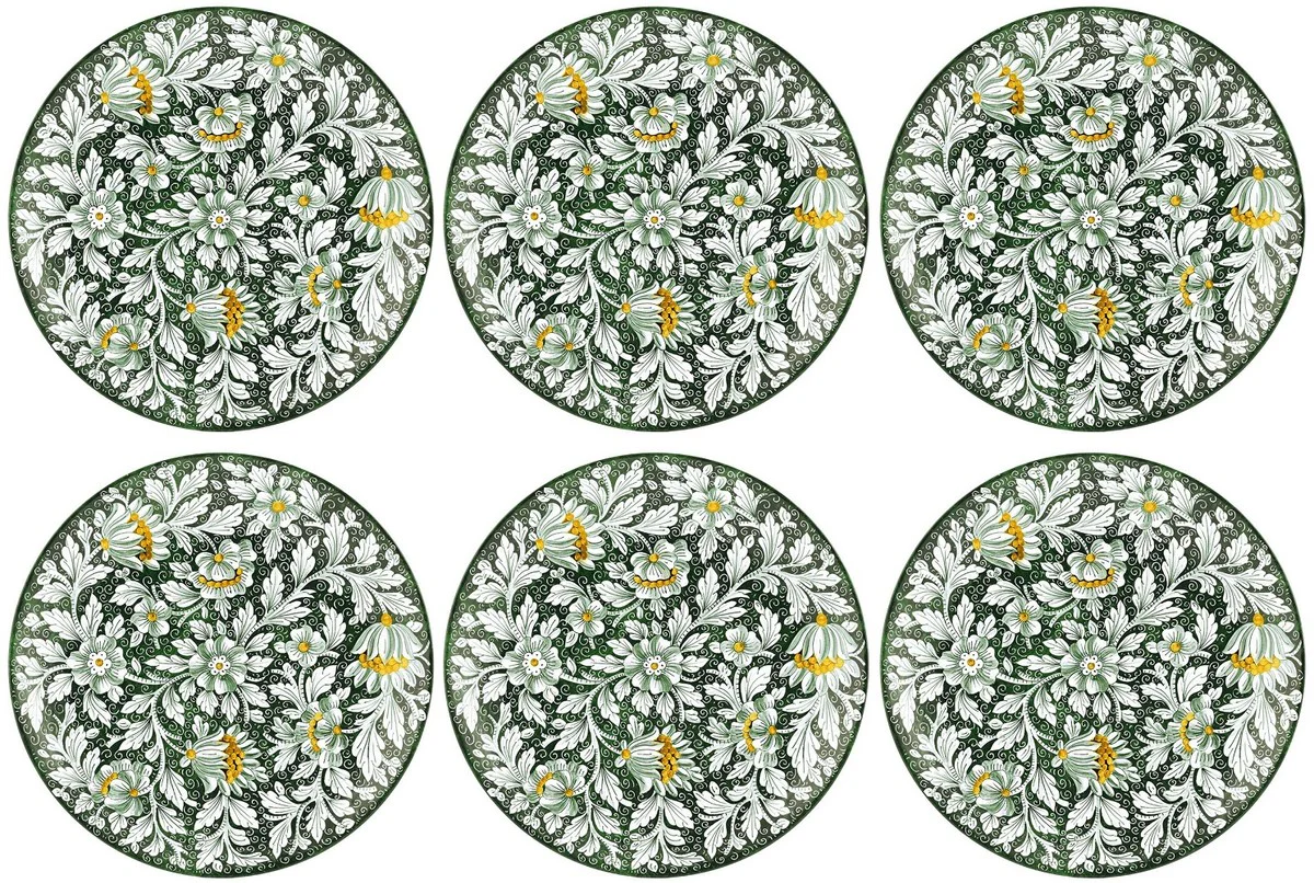 Casa Padrino conjunto de 6 platos de cer¨¢mica de lujo verde / multicolor ? 40 cm - Platos llanos hechos y pintados a mano con dise?o floral - Accesorios hoteles y restaurantes - Hecho en Italia