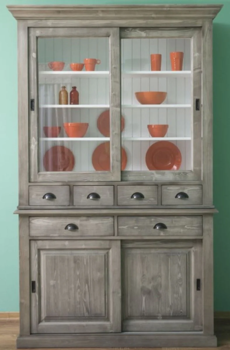 Casa Padrino armario de cocina de estilo campestre gris / blanco 142 x 48 x A. 225 cm - Armario de 2 piezas con 4 puertas correderas y 6 cajones - Muebles de Cocina de Estilo Campestre