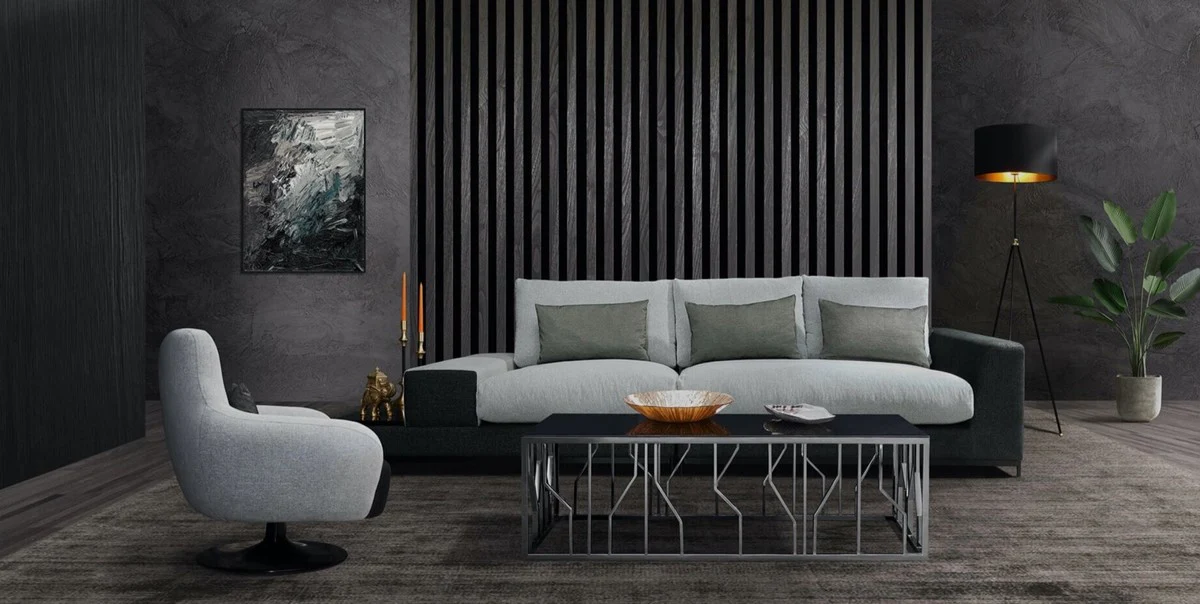 Casa Padrino sof¨¢ de sala de estar de lujo con cojines decorativos gris claro / negro 337 x 100 x A. 57 cm - Muebles de sal¨®n de lujo