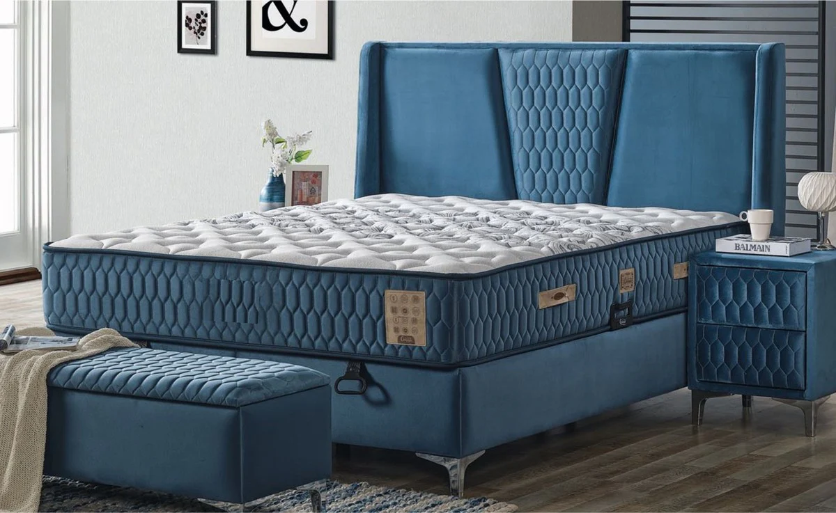 Casa Padrino cama doble de lujo azul / blanco / plata 180 x 200 cm - Cama de madera maciza con cabecero y colchón - Muebles dormitorio - Muebles hotel - Muebles de lujo - Interior de lujo