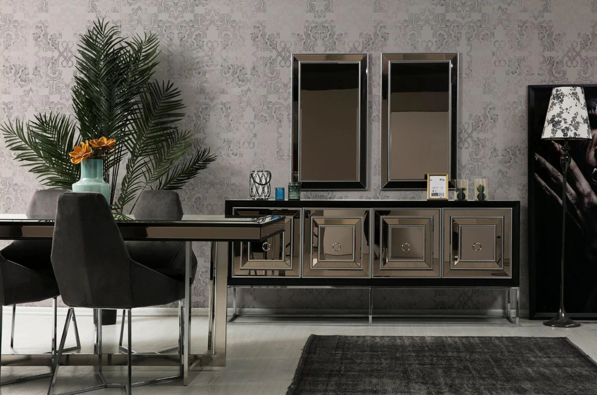 Casa Padrino aparador de lujo con 4 puertas de espejo negro / plata 208 x 49 x A. 88 cm - Muebles de sala de lujo