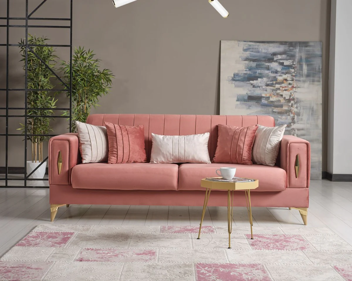 Casa Padrino sof¨¢ cama de lujo rosa / oro 222 x 93 x A. 87 cm - Sof¨¢ de sal¨®n con 5 almohadas - Muebles de sal¨®n de lujo