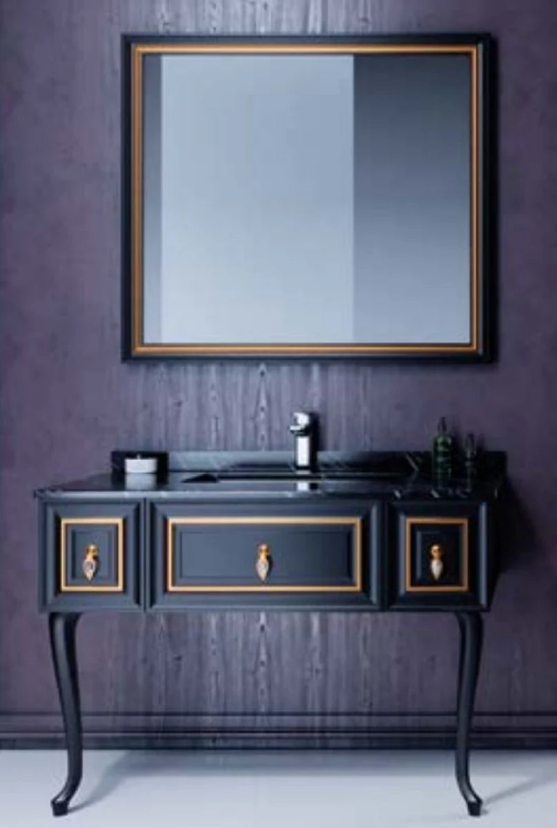 Casa Padrino conjunto de baño barroco de lujo negro mate / oro mate - 1 Mesa de Lavabo con Encimera de Mármol y Lavabo de Cerámica Incorporado y 1 Espejo de Pared LED - Mueble de baño barroco
