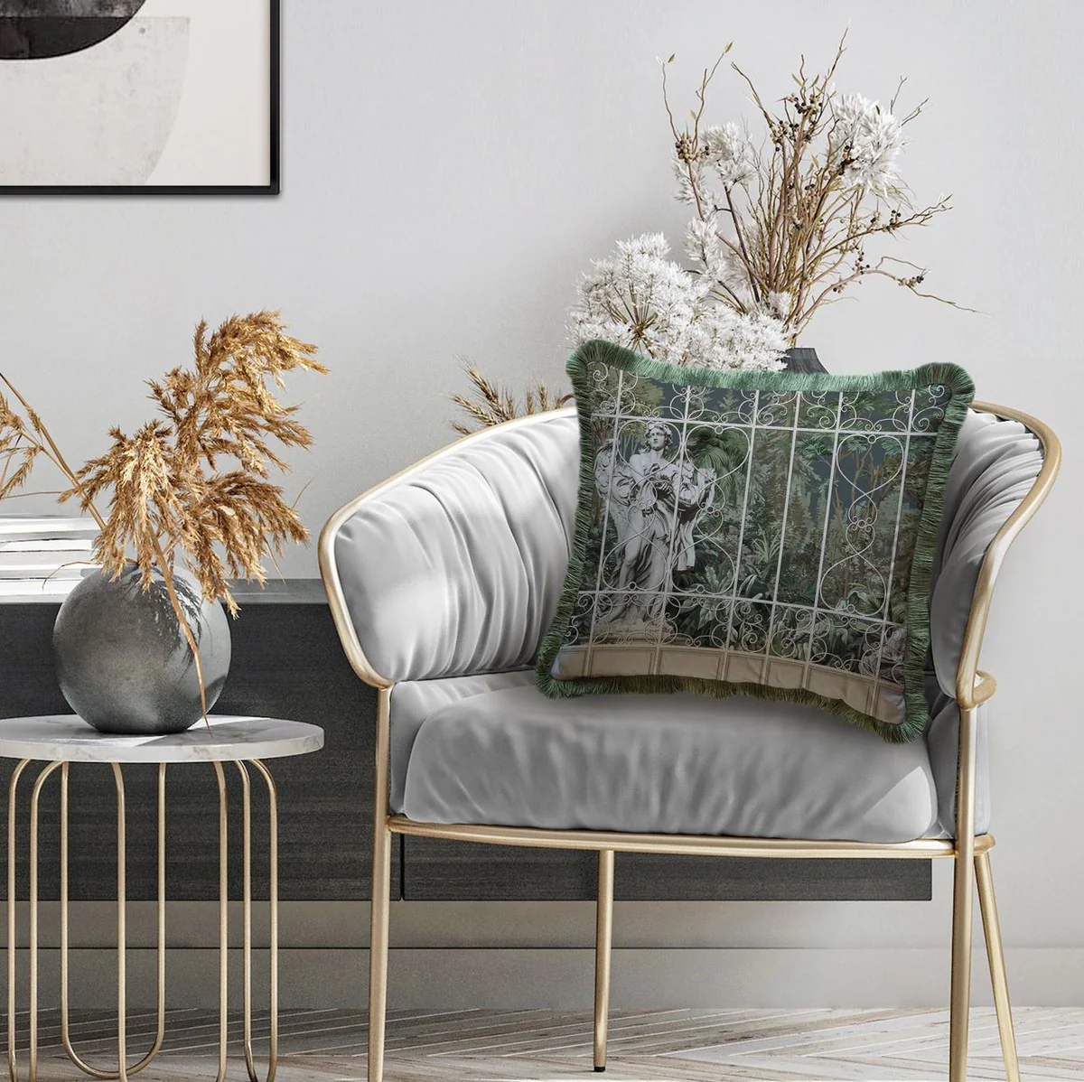 Casa Padrino cojín decorativo barroco de lujo escultura gris / marrón / verde 45 x 45 cm - Cojín de terciopelo estampado con flecos - Accesorios decorativos barrocos de lujo