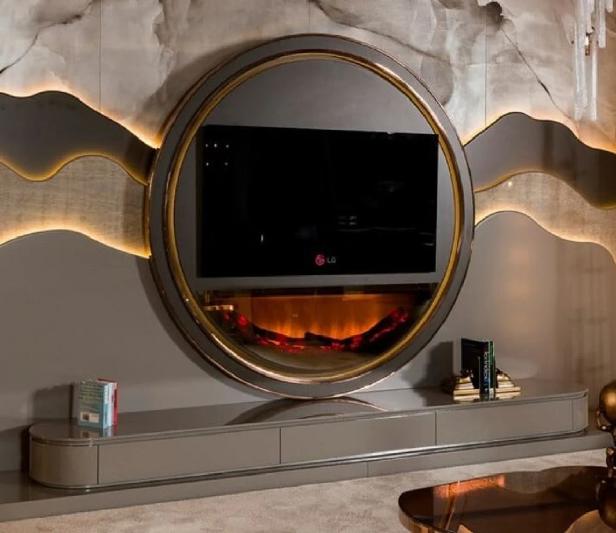 Casa Padrino conjunto de armario de TV de lujo gris / oro - Aparador de sal¨®n con chimenea LED - Muebles de sal¨®n - Muebles de hotel - Muebles de lujo