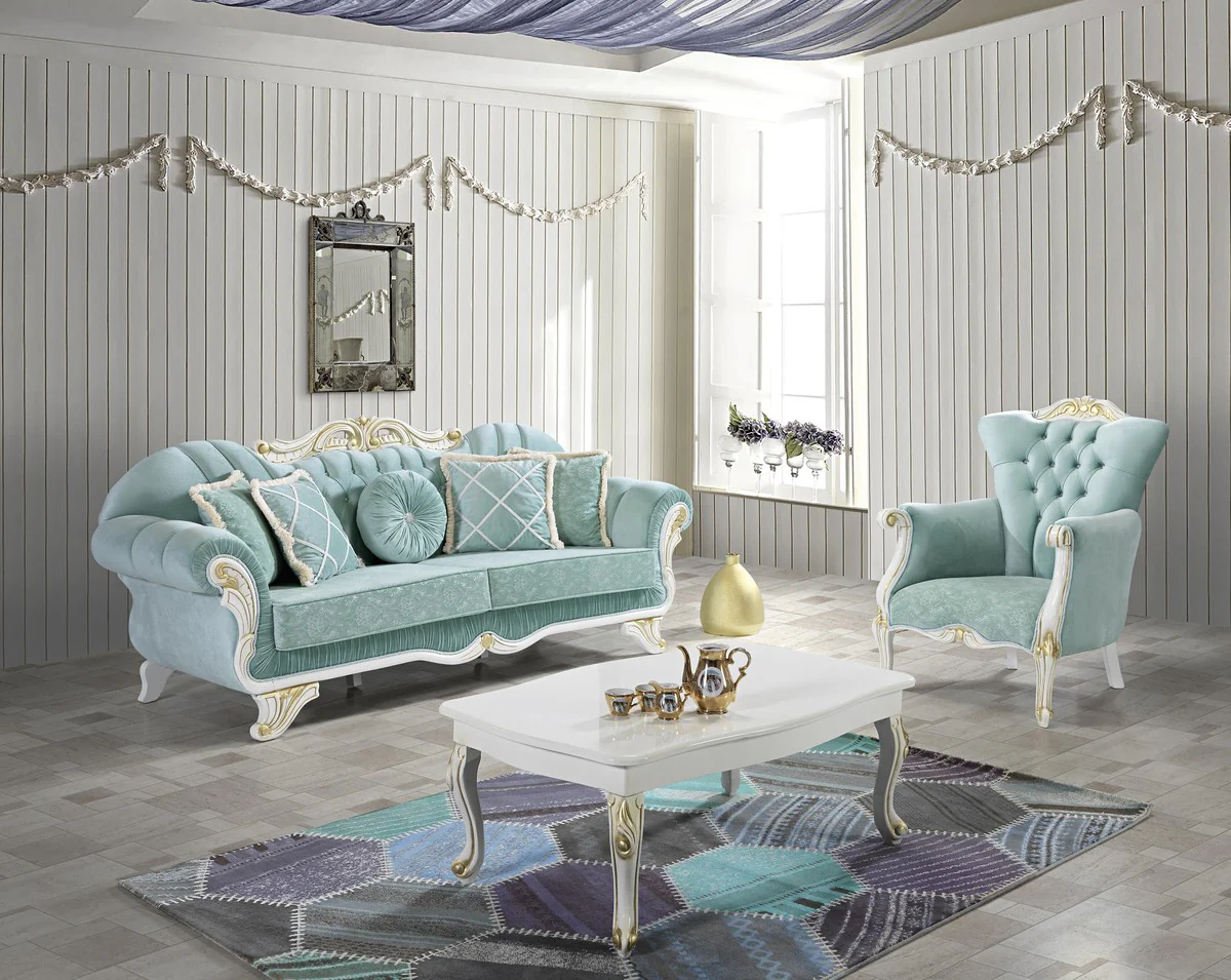 Casa Padrino conjunto de sala de estar barroco verde claro / blanco / oro - 2 Sof¨¢s y 2 Sillones y 1 Mesa de Centro - Muebles de sal¨®n de estilo barroco nobles