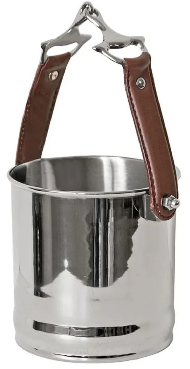 Casa Padrino enfriador de vino plata / marr¨®n ? 19 x A. 20 cm - Enfriador de champ¨¢n redonda con asa de cuero - Accesorios para hoteles - Accesorios para restaurantes - Accesorios para gastronom¨ªa