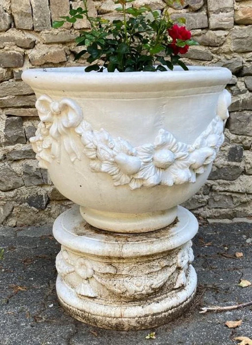 Casa Padrino maceta barroco con pedestal blanco Ø 47 x A. 79 cm - Magnífico macetero con pedestal redonda de estilo barroco - Accesorios de decoración de jardín barroco