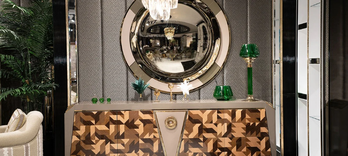 Casa Padrino conjunto de muebles de lujo gris / marrón / oro - 1 Aparador de Lujo con 4 Puertas y 1 Espejo de Lujo Redondo - Muebles de lujo - Colección de lujo