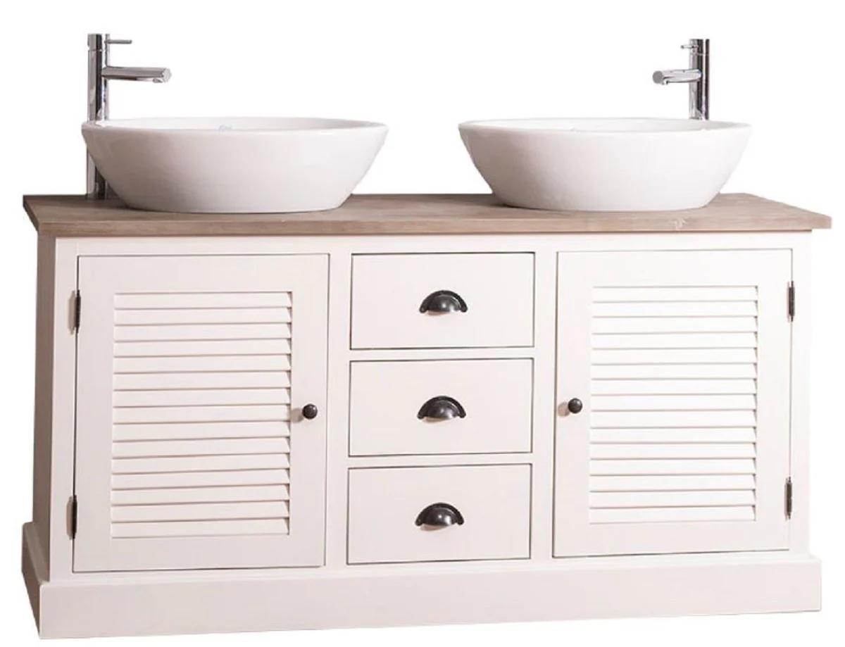 Casa Padrino armario lavabo doble de estilo campestre con 2 puertas y 3 cajones crema / natural 150 x 51 x H. 75 cm - Muebles de Baño de Estilo Campestre