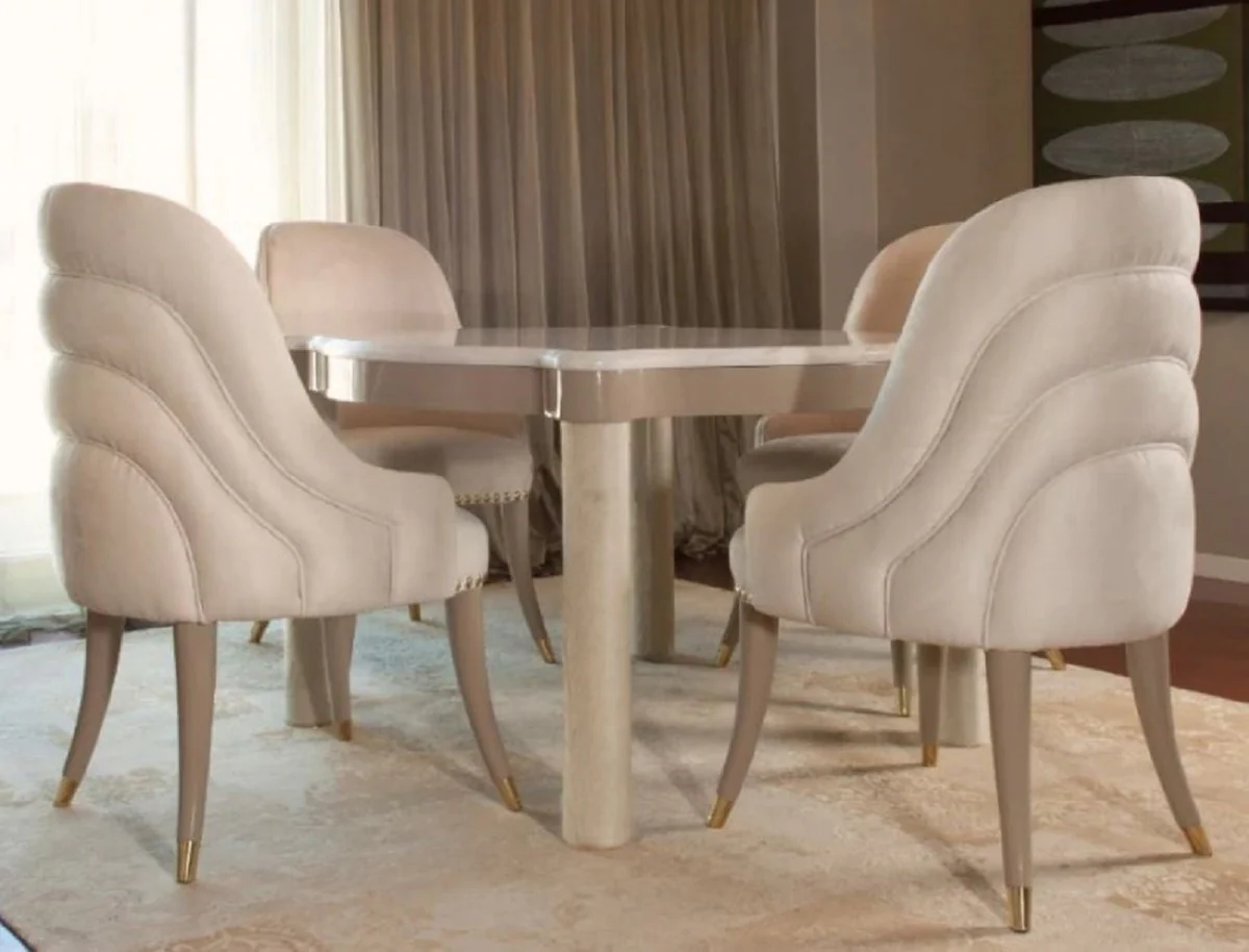 Casa Padrino conjunto de comedor de lujo crema / taupe / gris / oro - 1 Mesa de Comedor de M¨¢rmol y 4 Sillas de Comedor con Tela de Terciopelo Fino - Muebles de comedor de lujo - Hecho en Italia